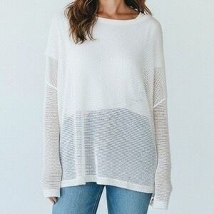 Nordstrom Sweater Women Medium White Coastal Linen Blend Open Knit Beachy Casual